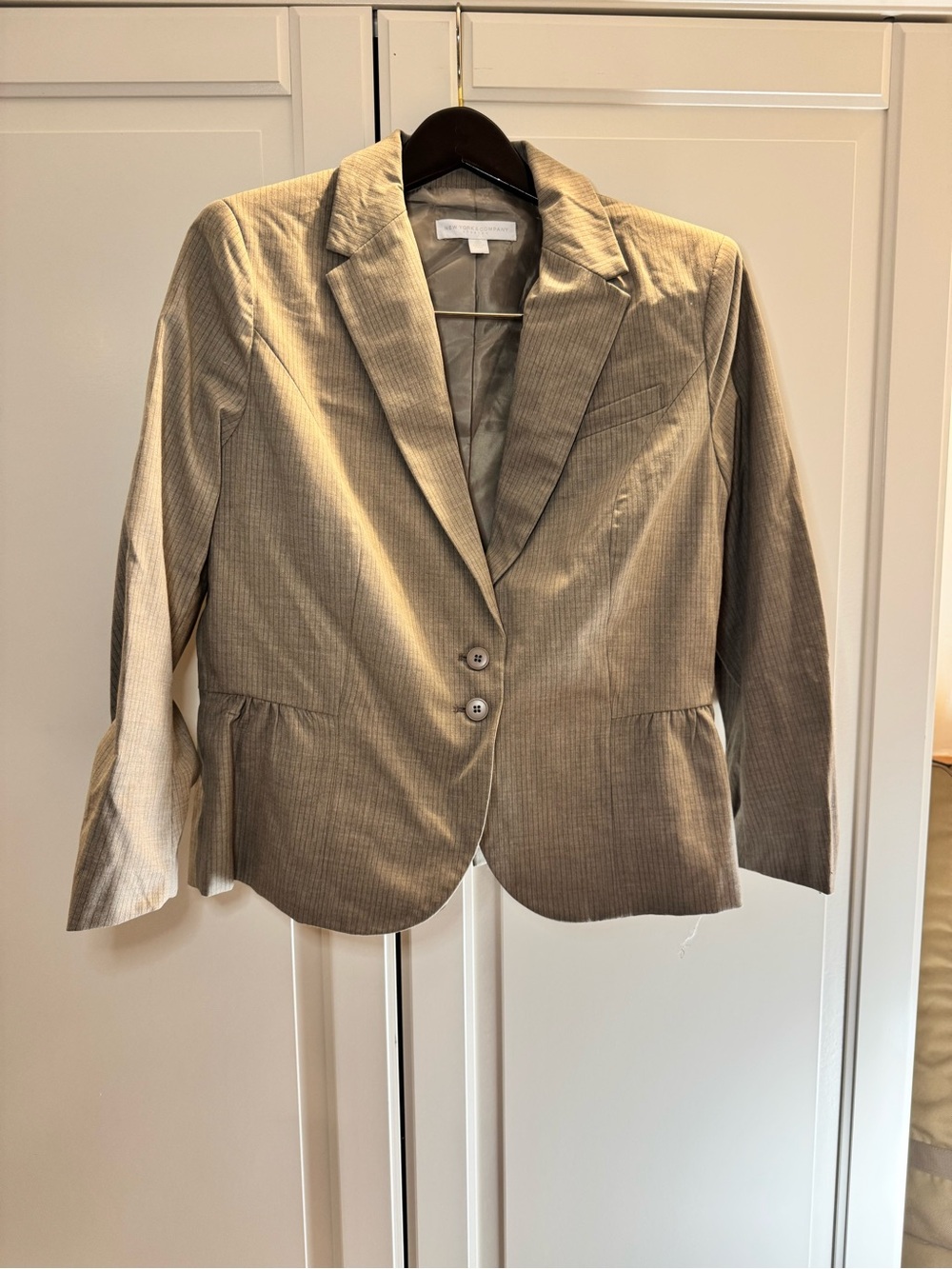 New York & Company Light Taupe Pinstripe Peplum Blazer